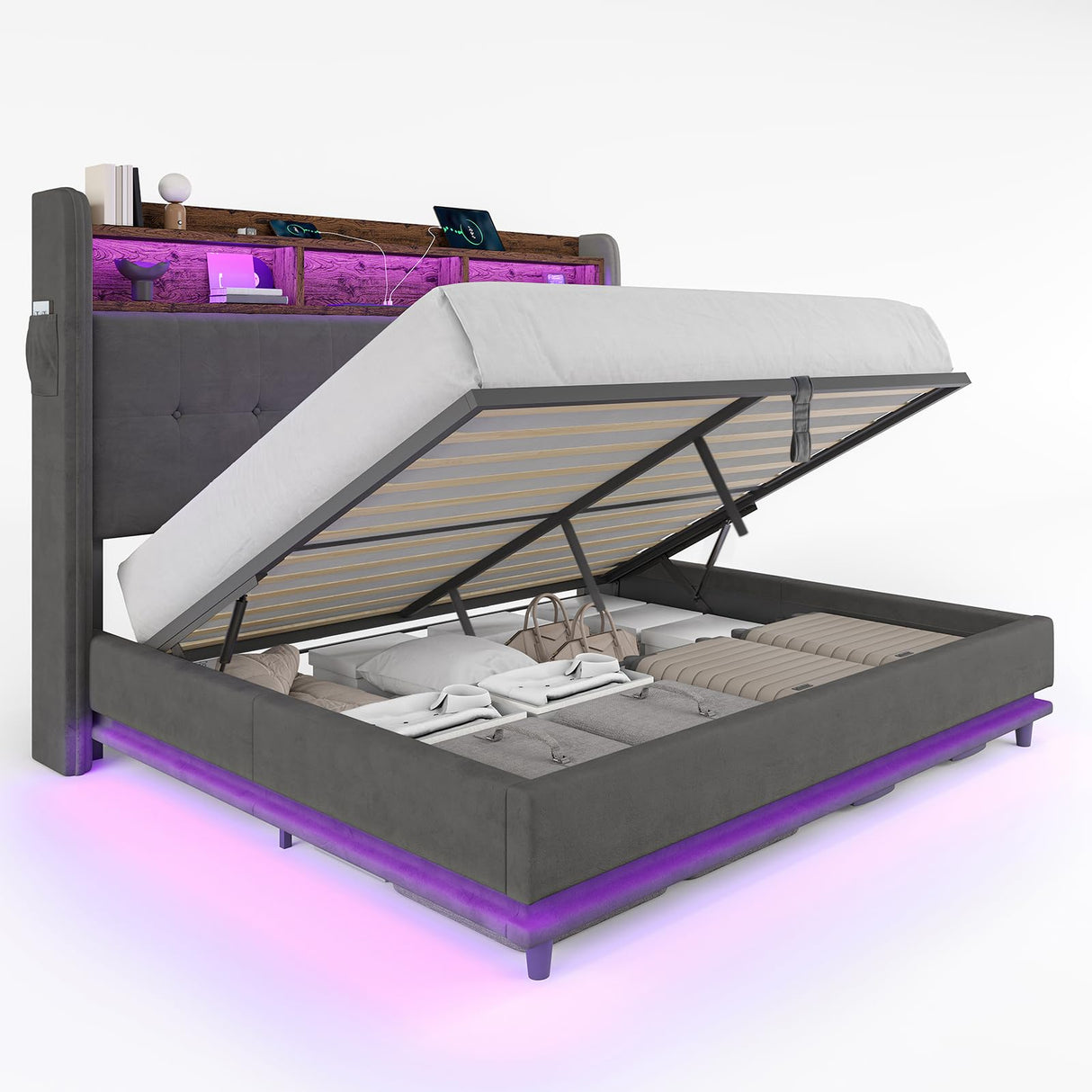 Jocisland 53.1" H Queen Size Bed Frame with Hydraulic Lift Up Storage, RGB LED & Built-in Bookcase Headboard, Velvet Upholstered Wingback Design, No Box Spring Needed, Dark Grey Jocisland