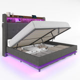 Jocisland 53.1" H Queen Size Bed Frame with Hydraulic Lift Up Storage, RGB LED & Built-in Bookcase Headboard, Velvet Upholstered Wingback Design, No Box Spring Needed, Dark Grey Jocisland