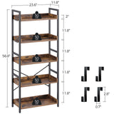 Rolanstar Bookshelf 5 Tier with 4 Hooks, Industrial Wood Bookcase, Vintage Storage Rack with Open Shelves, Rustic Standing Bookshelves Display Rack for Living Room, Bedroom, Rustic Brown Rolanstar