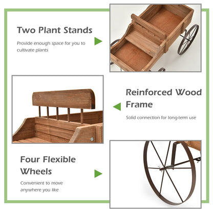 Giantex Decorative Garden Planter, Small Wagon Cart with Metal Wheels, Wood Raised Beds Plant Pot Stand for Backyard Garden Patio 24.5"x13.5"x24" (Natural)