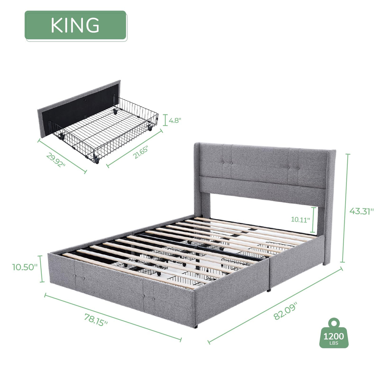 Novilla Upholstered King Size Bed Frame Platform with 4 Storage Drawers and Fabric Headboard, Non-Slip and Noise-Free King Bed Frame, Strong Wooden Slats, No Box Spring Needed, Grey Novilla