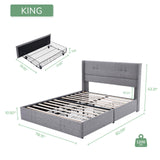 Novilla Upholstered King Size Bed Frame Platform with 4 Storage Drawers and Fabric Headboard, Non-Slip and Noise-Free King Bed Frame, Strong Wooden Slats, No Box Spring Needed, Grey Novilla