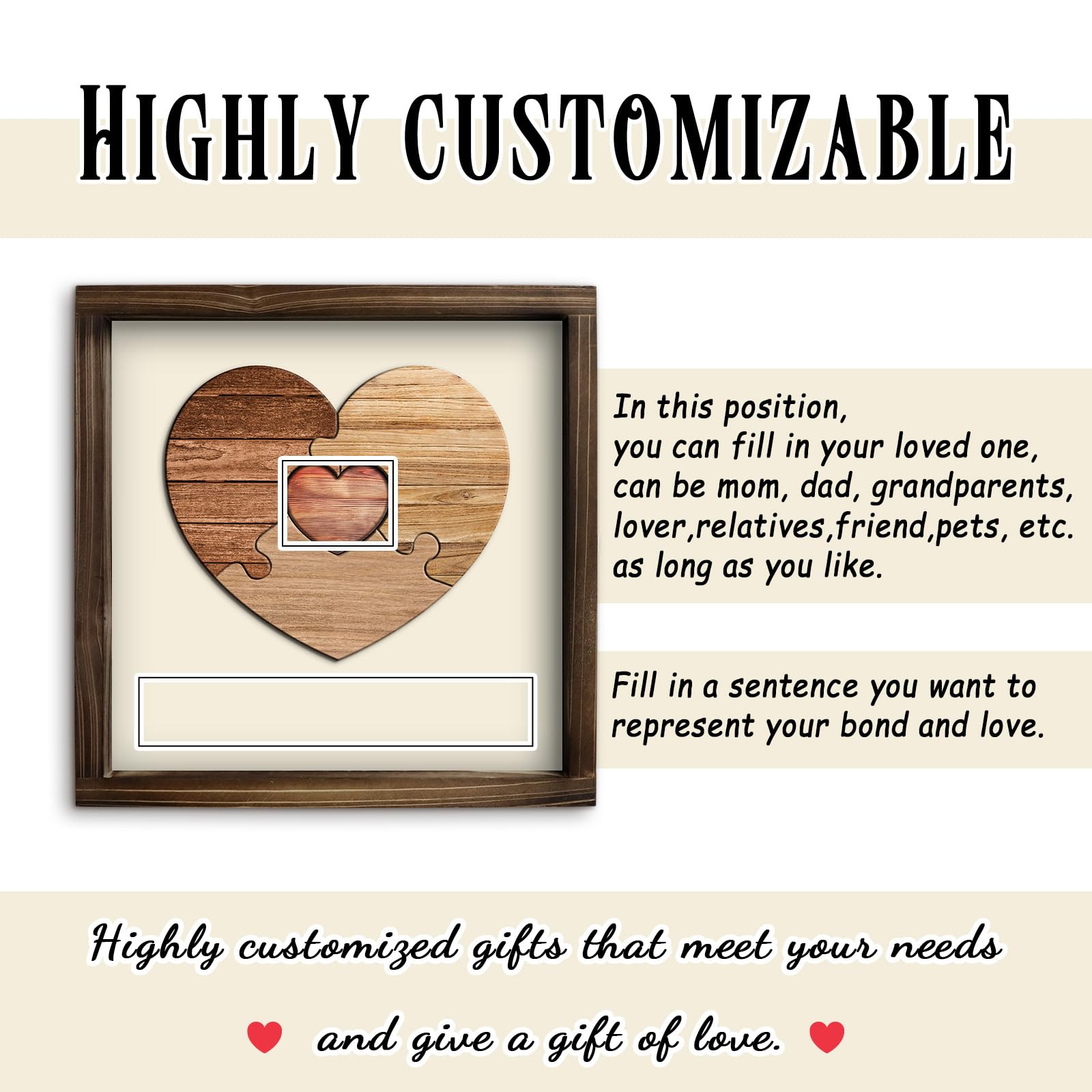 Kas Home Personalized Wooden Heart Name Puzzle Sign, Custom Family Name Puzzle with 1-8 Names Engraved Text Gift Desktop Ornament for Father's Day - WoodArtSupply