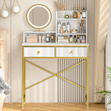 Makeup Vanity Desk No Mirror for Bedroom, Vanity Table Set with 2 Drawer and Open Storage Shelves, Small Vanity for Small Spaces, White and Gold, 31.5in(L) ThreeHio