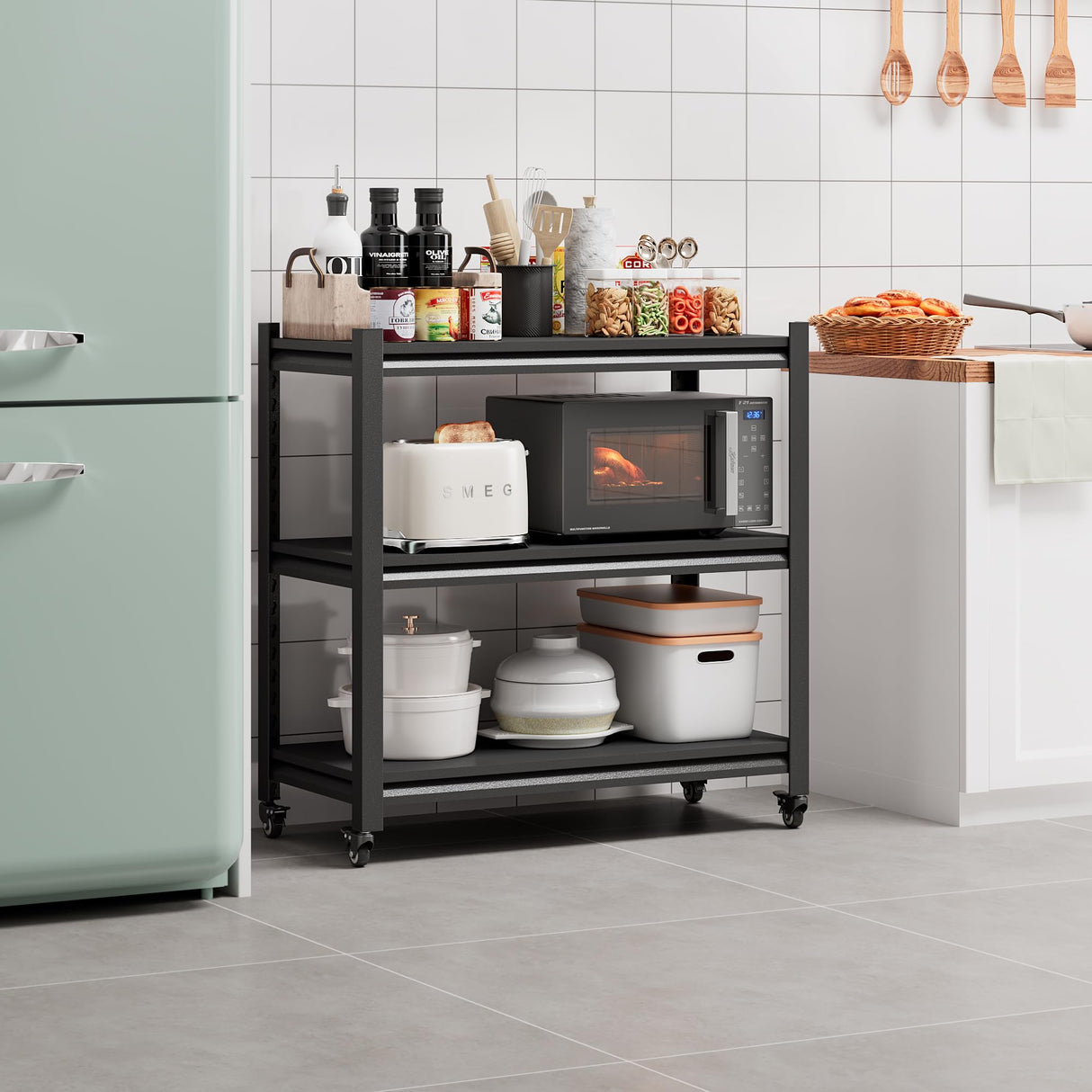 TOPASS Workbench on Wheels, Adjustable Heavy Duty Work Table with Wheels, Heavy Duty Workstation, Metal Tool Work Bench for Garage Warehouse Workshop, 32" H x 18" D x 34" W Topass