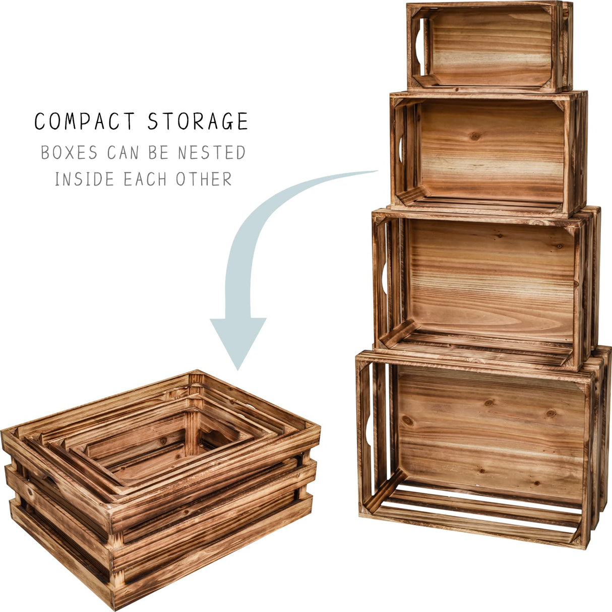 JUMBO HUMBLE Large Torched Wood Storage Crates Decorative, Set of 4 Nesting Wooden Crates for Display Rustic, Farmhouse Wooden Storage Container Boxes Made from 100% Wood JUMBO HUMBLE