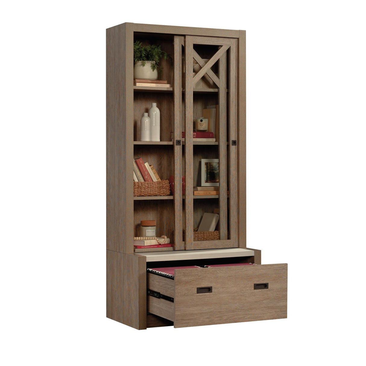 Sauder® Dixon City Library 4-Shelf Bookcase With Sliding Doors And Filing Drawer, Brushed Oak™/Pebble White™ Sauder