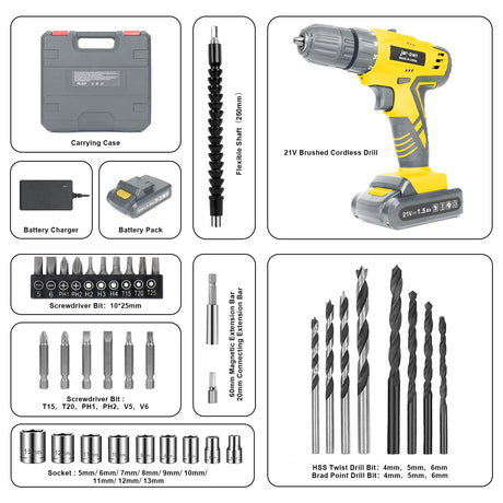 Jar-Owl 21V Cordless Drill Set, 0-1350RMP Variable Speed,350 in-lb Torque,10MM 3/8'' Keyless Chuck, 18+1 Clutch, 1.5Ah Li-Ion Battery & Charger for Home Tool Kit - Black & Yellow jar-owl