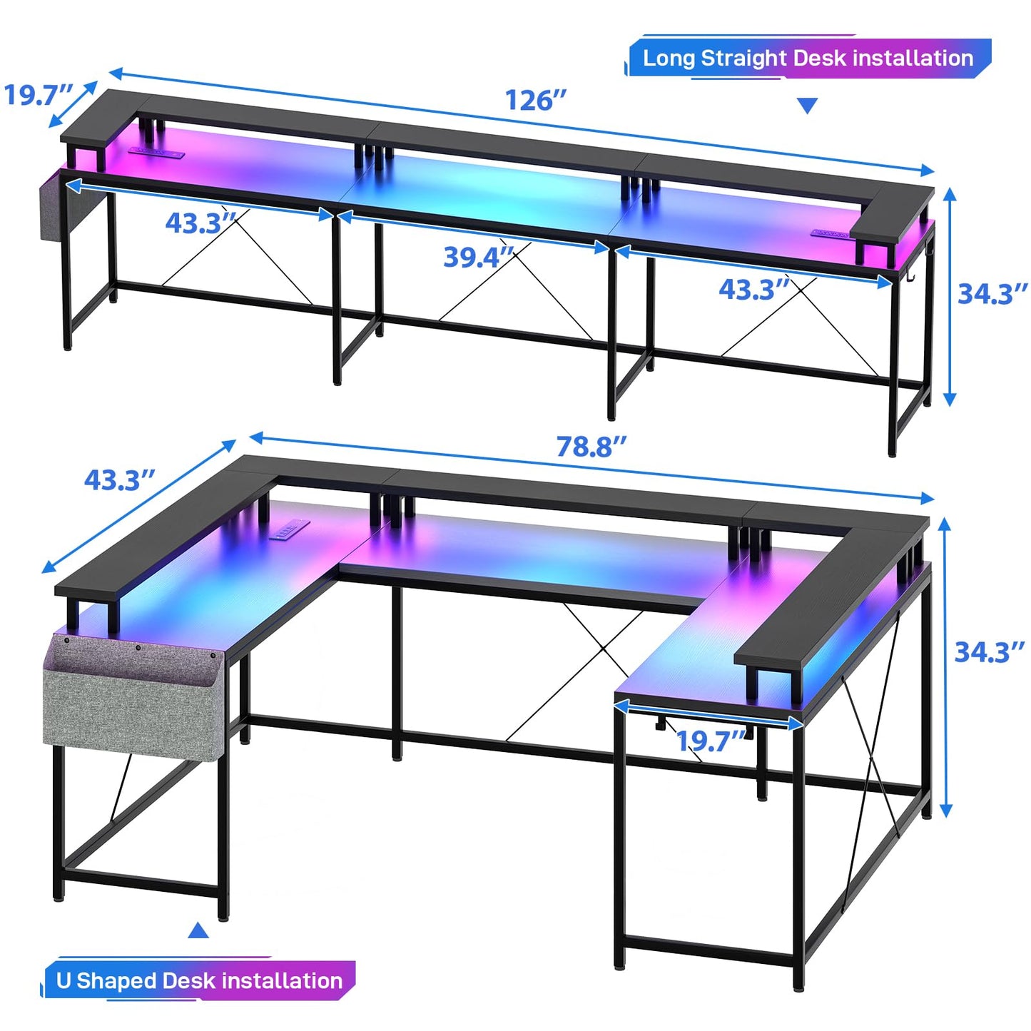 Jojoka U Shaped Computer Gaming Desk, Reversible L Shaped Desk with Power Outlets, LED Strip & Monitor Stand, Large Corner Desk with Storage Shelves for Home Office, Black - WoodArtSupply