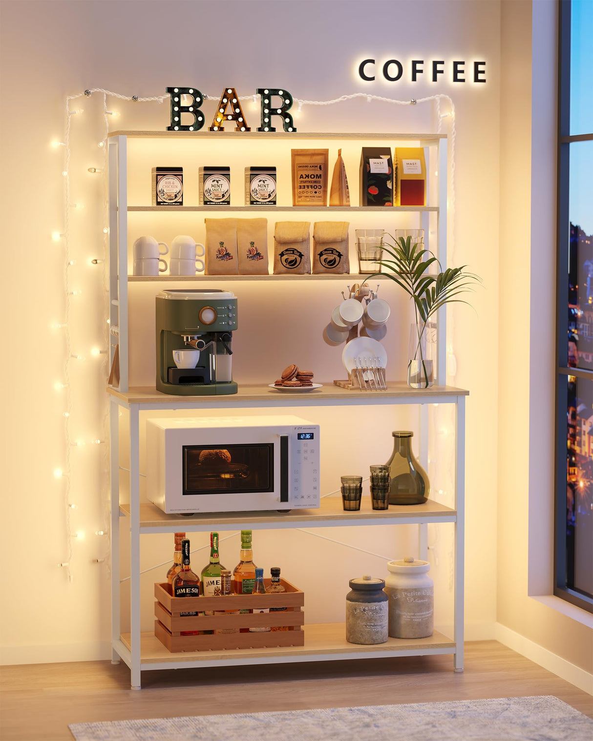 VASAGLE 39.4-Inch Industrial Oak and White Coffee Bar with 6-Tier Storage and Adjustable Shelves VASAGLE