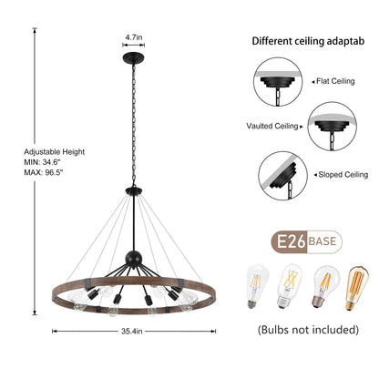 LamQee Farmhouse Wagon Wheel Chandelier, 8-Light Rustic Round Metal High Ceiling Light Fixtures Large 35.4" Chandelier for Living Room Entryway Kitchen Island (Retro Wood)