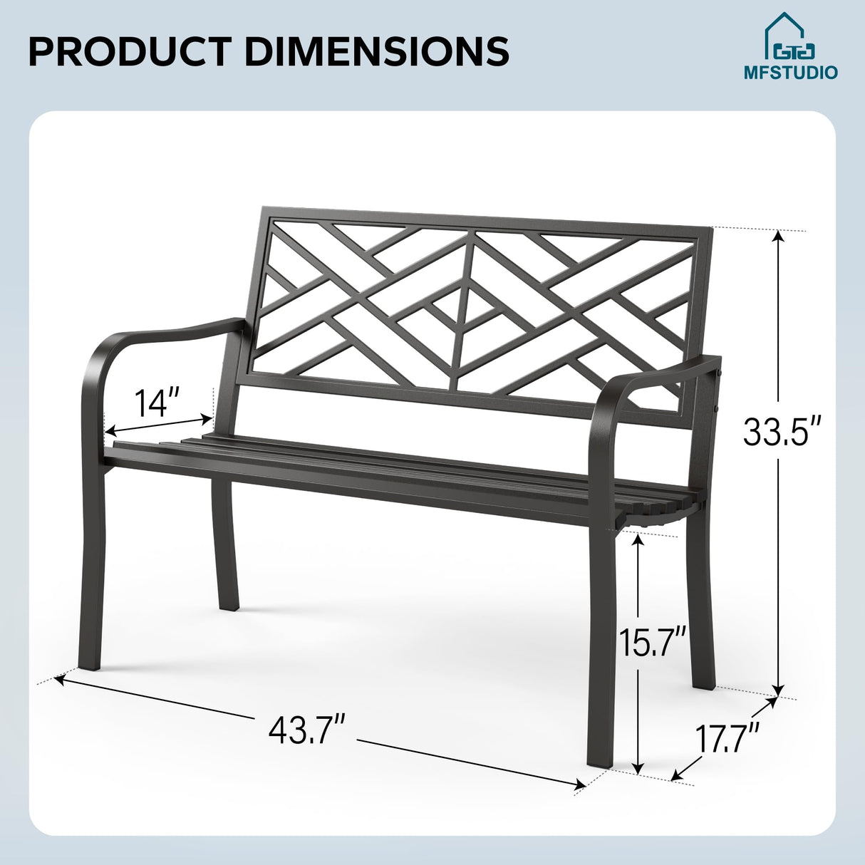 MFSTUDIO 43.7 Inches Outdoor Garden Bench, Cast Iron Metal Frame Patio Park Outside Benches with Geometric Pattern Backrest for Front Porch, Black MFSTUDIO