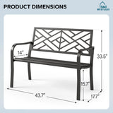 MFSTUDIO 43.7 Inches Outdoor Garden Bench, Cast Iron Metal Frame Patio Park Outside Benches with Geometric Pattern Backrest for Front Porch, Black MFSTUDIO