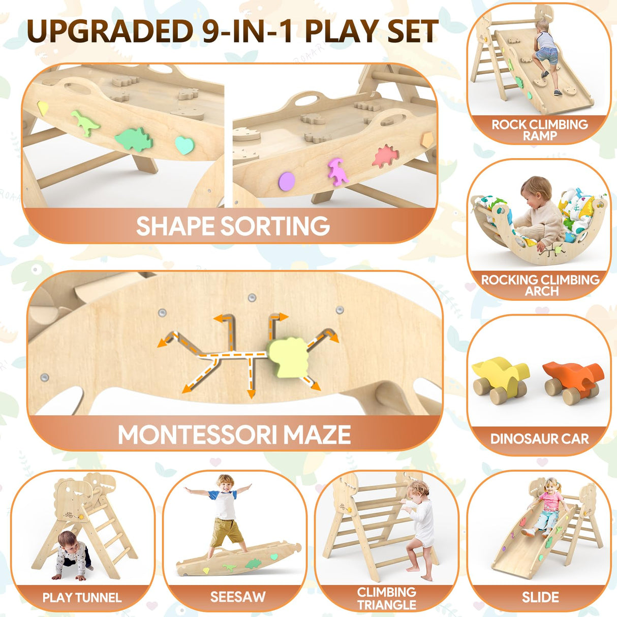 KidsBuddy Pikler Triangle Set with Cushion 9 in 1 Climbing Toys for Toddlers 1-3 Indoor Baby Climbing Gym Toddler Montessori Toys Wooden Climbing Toys with Maze Toys, Shape Sorting Toys, Dinosaur Car KidsBuddy