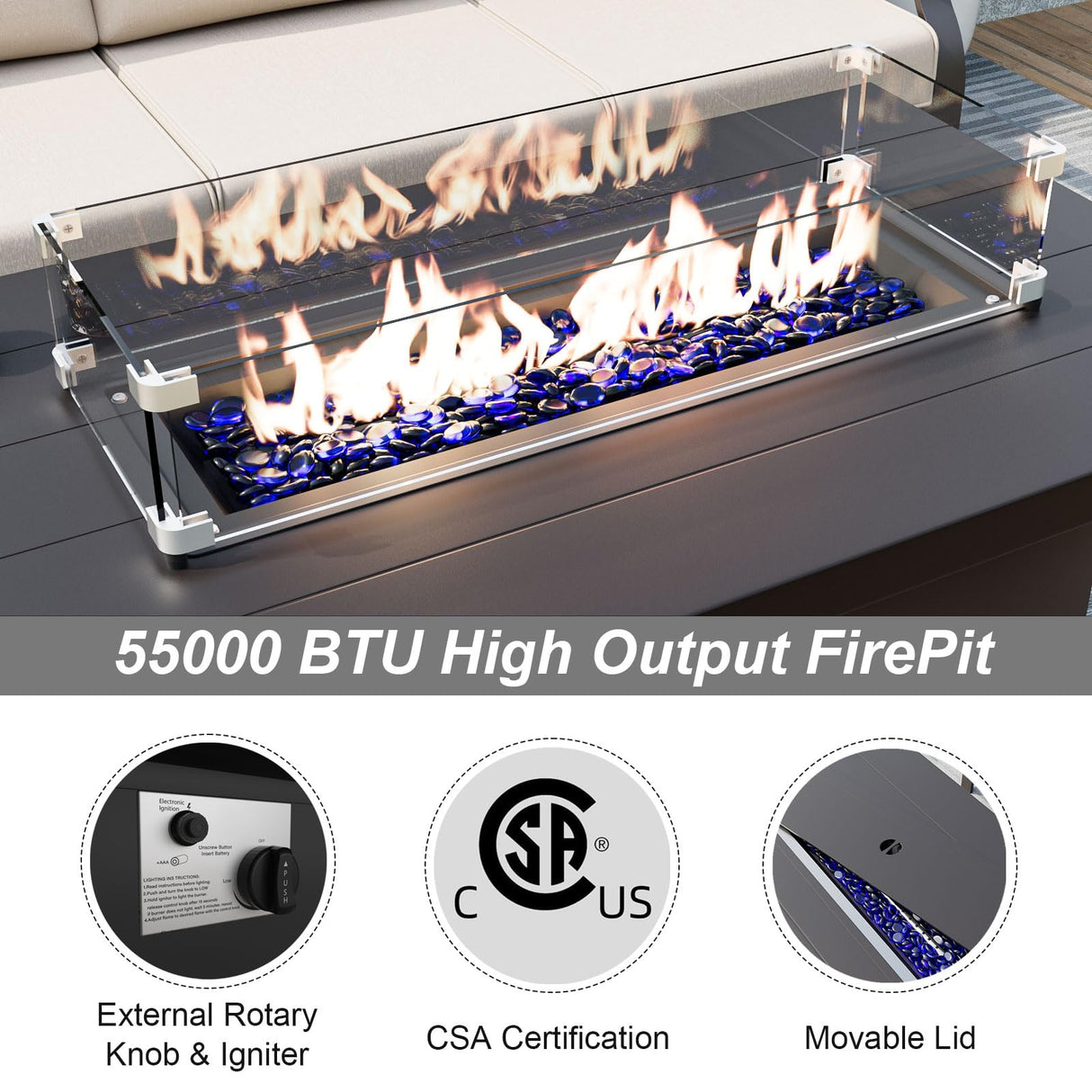 ALAULM Aluminum Patio Furniture Set with Propane Fire Pit Table 5-seat Metal Outdoor Furniture w/Fire Pit Patio Sectional Sofas w/5.2" Cushions for Patio, Backyard, Poolside-Grey ALAULM