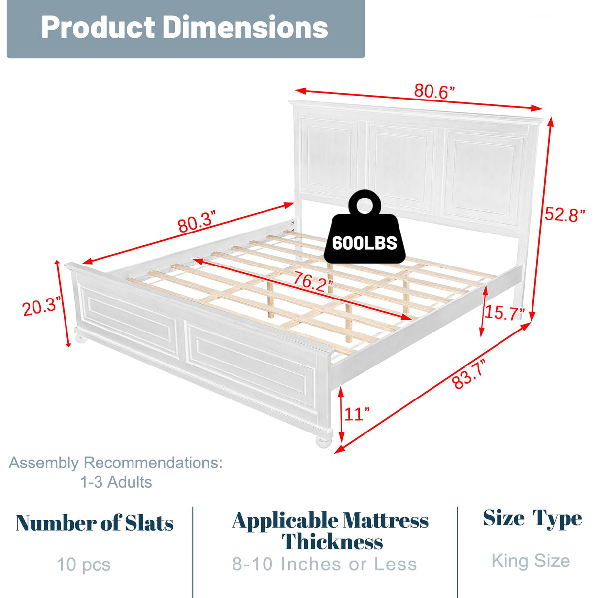 OYUMOENTS King Size Bed Frame Farmhouse Style, Tall Headboard King Bed Frame with Footboard, Pinewood Antique Beds, Farmhouse Style, Noise-Free, No Box Spring Needed, White OYUMOENTS