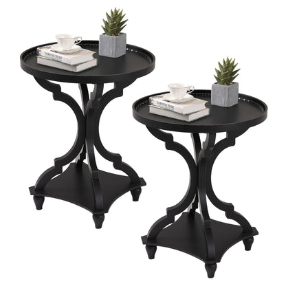 Wnutrees Farmhouse Round Accent End Table, Rustic Side Table Nightstands for Living Room Bedroom, Wood Tray Top, Handcrafted Finish, Set of 2, Black