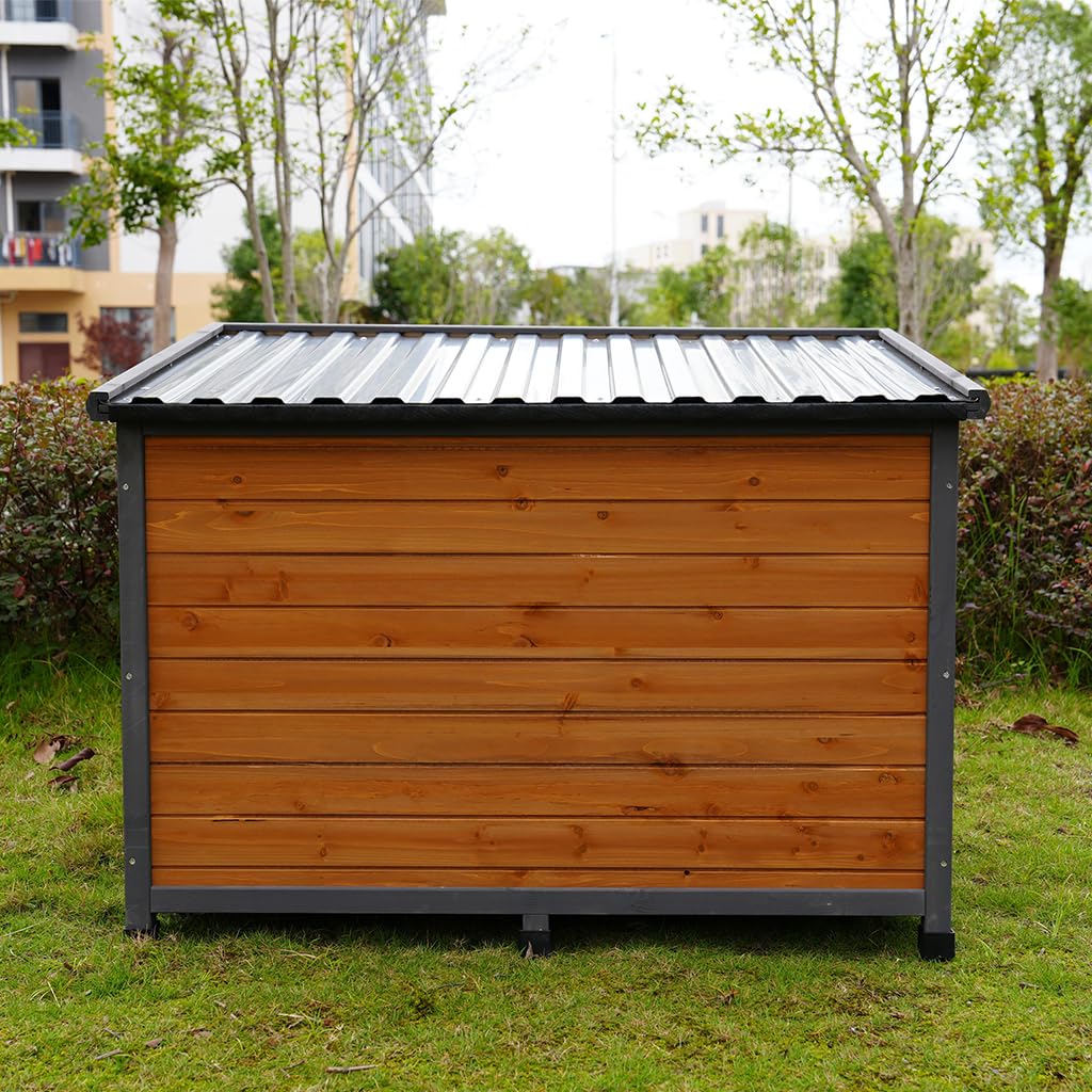 AMZOSS Large Dog House, Indoor & Outdoor Weatherproof Dog Kennel with Doors and Elevated Floor, Solid Wood Doghouse Puppy Shelter for Dogs, Cats, Small Animals, 44.2" L x 31.7" W x 30.5" H