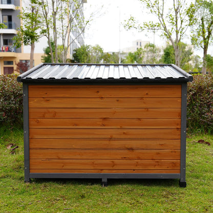 AMZOSS Large Dog House, Indoor & Outdoor Weatherproof Dog Kennel with Doors and Elevated Floor, Solid Wood Doghouse Puppy Shelter for Dogs, Cats, Small Animals, 44.2" L x 31.7" W x 30.5" H