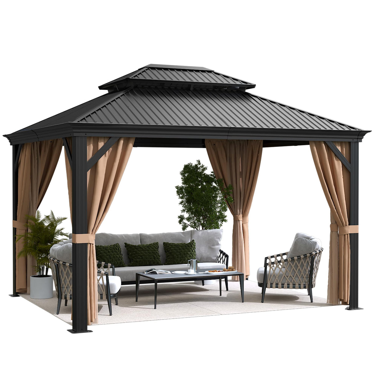 Flamaker Hardtop Gazebo 10' x 12' Aluminum Frame Outdoor Gazebo with Privacy Curtains and Gauze Mesh Sunshade Pavilion Double Roof Canopy for Patio, Lawn, Deck, Poolside Flamaker