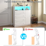 OTUTUMUS 4 Drawer Dresser for Bedroom with Charging Station & LED Light, Wood Tall Dresser with Storage Cabinet, Chest of Drawers with Open Compartments for Living Room, Closet, Hallway (White) OTUTUMUS