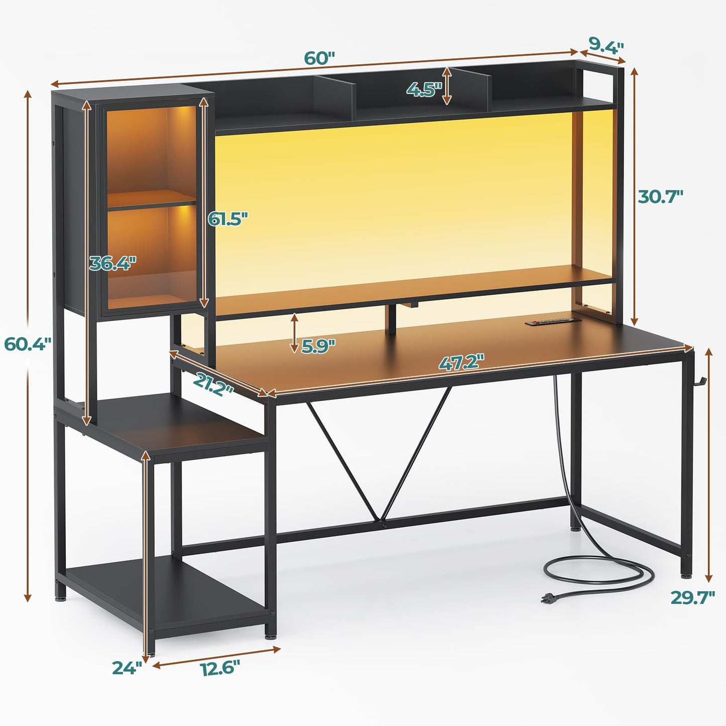 SEDETA Gaming Desk, 60'' Gaming Desk with Hutch and LED Lights, Computer Desk with Storage Shelves, Large PC Gamer Desk with Display Cabinet, Monitor Stand, Power Outlet for Home Office, Blac - WoodArtSupply