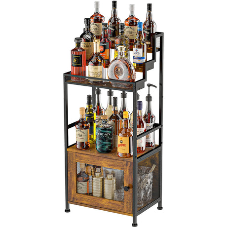 Tiered Liquor Stand with Bar Cabinet for Home, Large-Capacity Wine Rack Freestanding Floor, Stepped Display Shelf Featuring Mesh Door Holds Whiskey & Syrup Bottles, Corner Storage Ideal in living room Jsskeeim