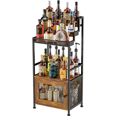 Tiered Liquor Stand with Bar Cabinet for Home, Large-Capacity Wine Rack Freestanding Floor, Stepped Display Shelf Featuring Mesh Door Holds Whiskey & Syrup Bottles, Corner Storage Ideal in living room