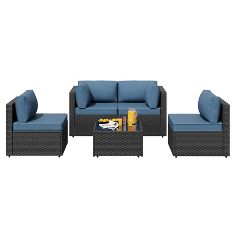 5 Piece Patio Furniture Sets, Low Back All-Weather Rattan Sectional Sofa with Tea Table&Washable Couch Cushions, Patio Furniture Sets, Black Rattan SUNLEI
