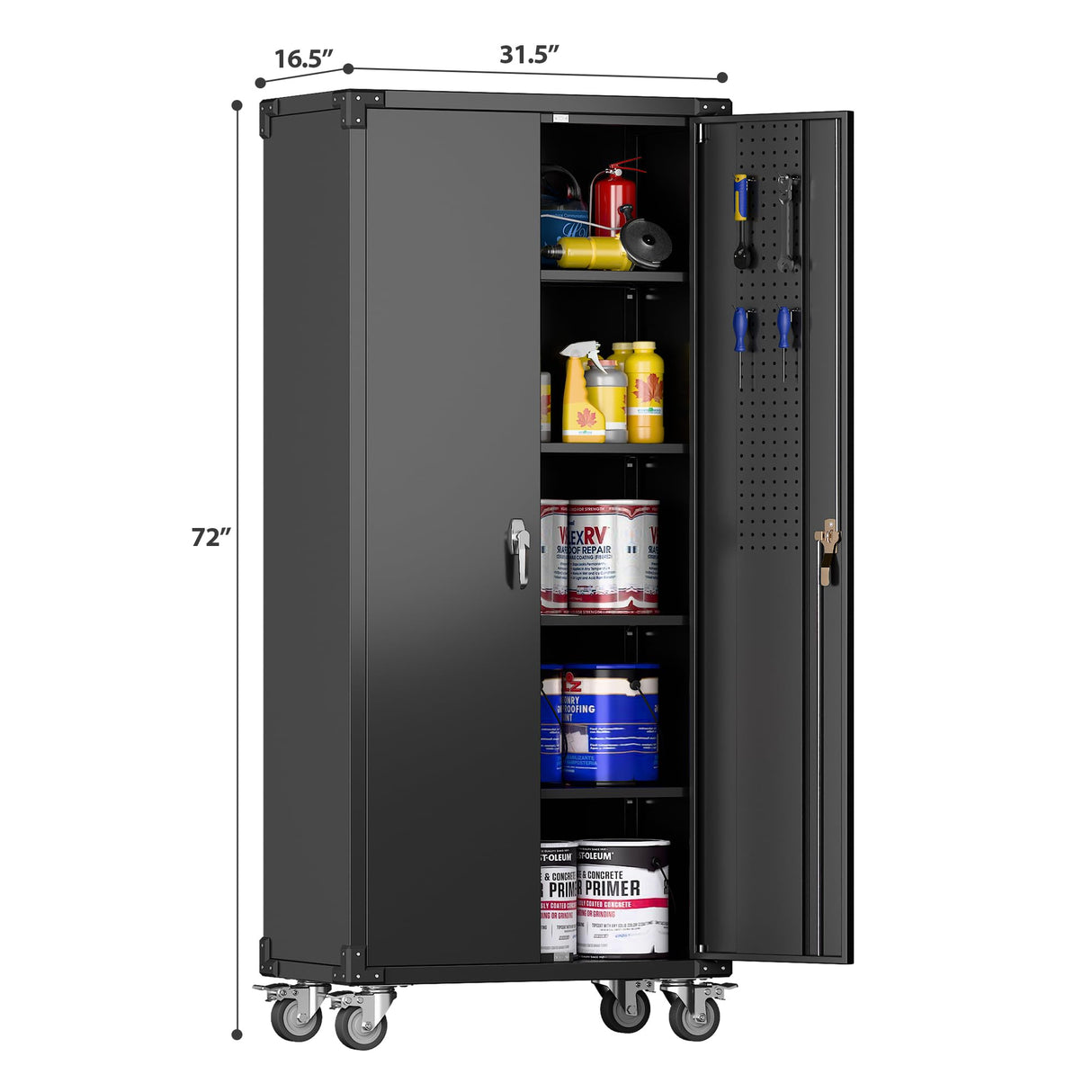 SUXXAN Metal Storage Cabinets with Wheels, 72" Steel Lockable Storage Cabinet with Adjustable Shelves Pegboards and Hooks for Office School Garage Warehouse Utility Room, Assembly Require, Black SUXXAN