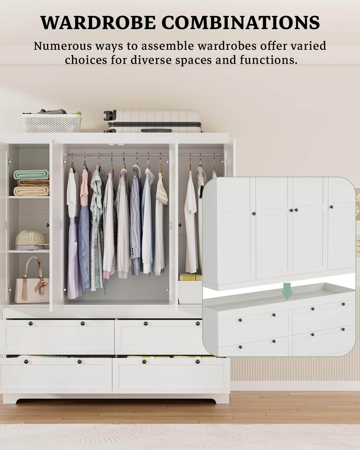 PLANNTONNEO Large White Wardrobe Closet with Drawers, Modular Closet System with Doors and Hanging Rods, Tall Large Armoire Ample Storage, Big Bedroom Armoires (4 Doors+4 Drawers) PLANNTONNEO