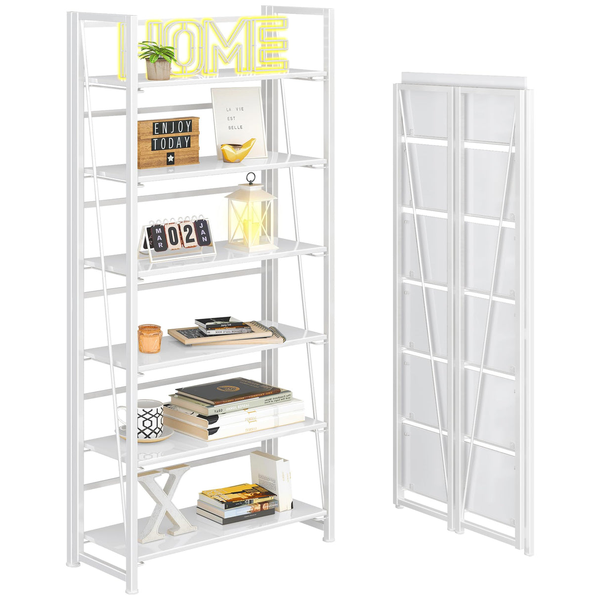 4NM No Assembly Folding Bookshelf, 6-Shelf 74" H Collapsible Foldable Bookcase Storage for Small Spaces, All White 4NM