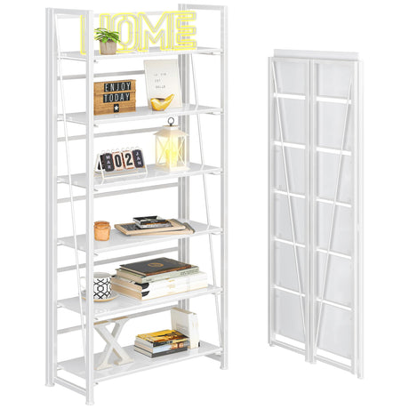 4NM No Assembly Folding Bookshelf, 6-Shelf 74" H Collapsible Foldable Bookcase Storage for Small Spaces, All White 4NM