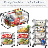 PUSDON Stackable Metal Storage Carts, Dual Use Shelf for Kitchen Fruit Vegetable Baskets with Wheels, Storage Rack for Living Room, Home & Office, Standard Black 4 Tiers PUSDON