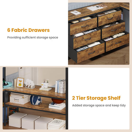 ADORNEVE Loft Bed Full Size with U-Shaped Desk, 6 Storage Drawers, Power Outlet, LED Metal Loft Bed with 2 Storage Shelves, Bed with Safety Guardrail & Ladders, No Box Spring Needed, Rustic Brown ADORNEVE