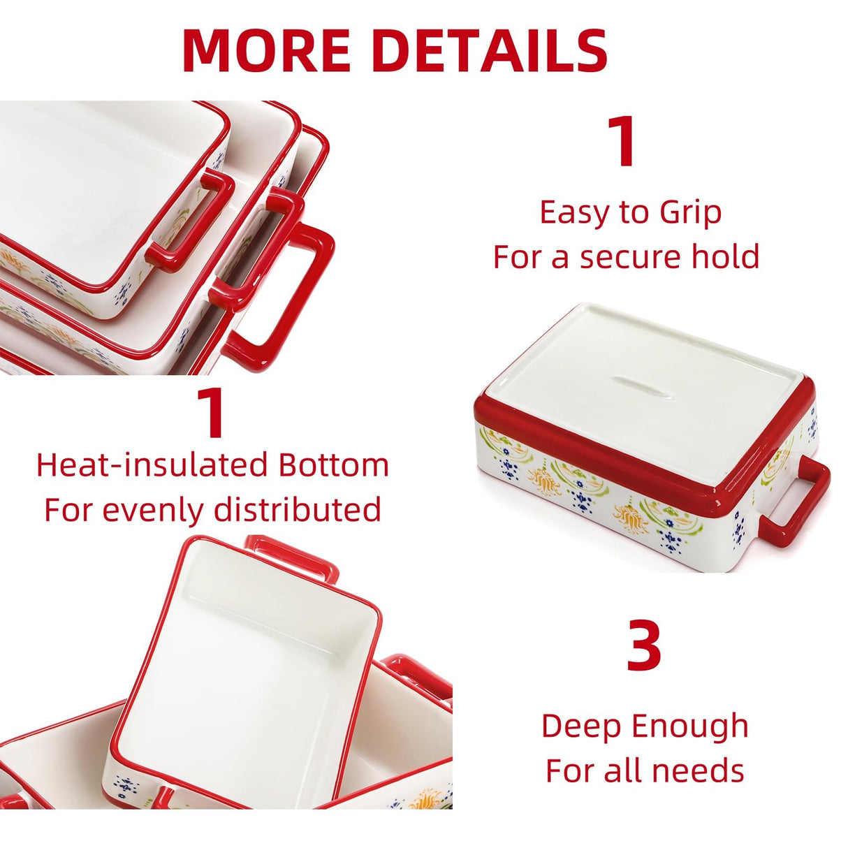 WRINGKIT Set of 3 Ceramic Baking Dishes, Casserole Dishes for Oven, Rectangular Bakeware with Handles, Ceramic Bakeware for Cooking, Baking Cakes, Wedding Gift, 3 Sizes (14.5''/12.7''/9.5'') WRINGKIT