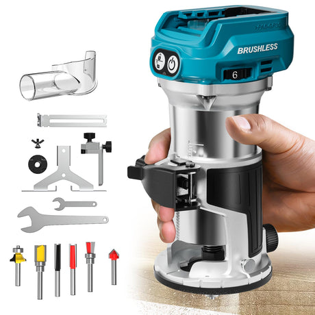 Cordless Compact Router for Makita 18V Battery (Bare Tool), 6 Variable Speeds Router Tool for Woodworking, 800W 30,000 RPM Fixed Base Wood Router with Trim Router Bits, Edge & Roller Guide, Dust Hood MtiolHig