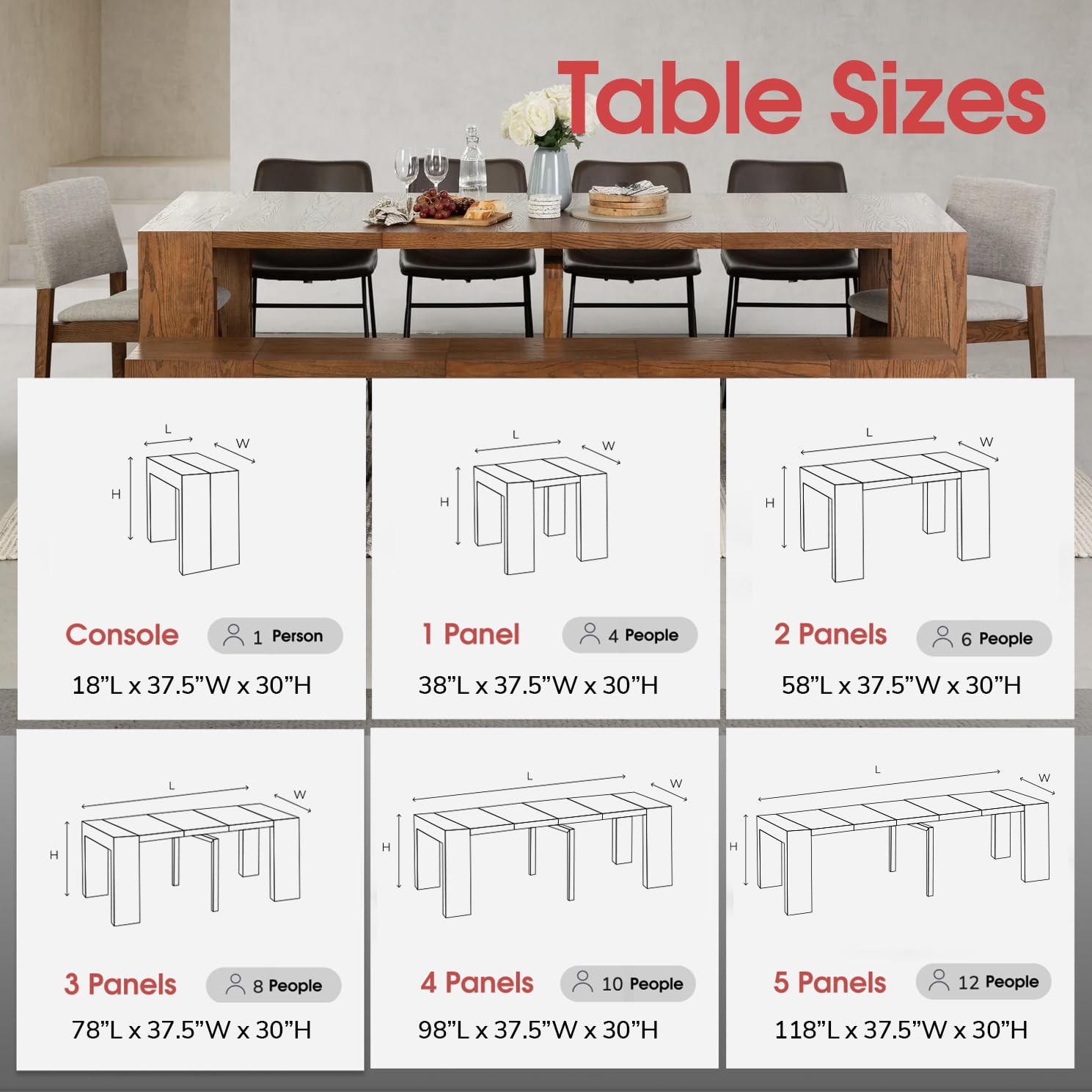 Transformer Table Dining Table Set for 4 to 12 Approved by Marie Kondo, Expandable Dining Table with 4 Dining Chairs and Extendable Bench, Brown Wood Table Set (Brown, Table + 4 Chairs + Benc - WoodArtSupply