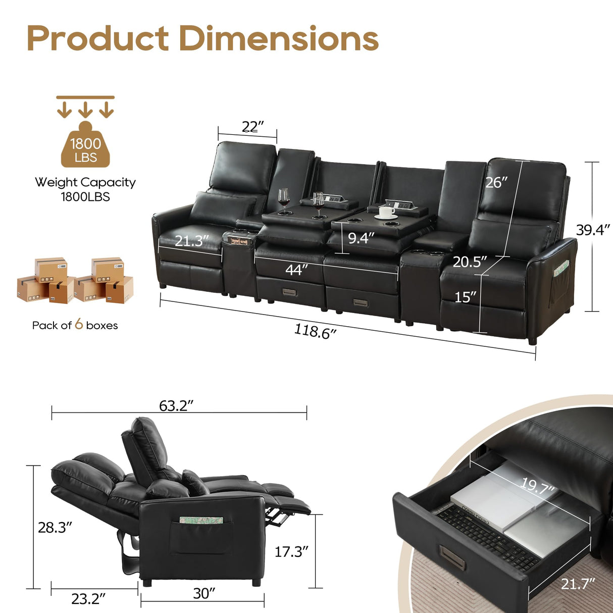 DRMBOOK 118'' RV 4 Seater Recliner Sofa, Faux Leather Three Camper Couch 4 Seater Recliner, Home Movie Theater Seating Chair, 4 Person Push Back Recliners for Living Room, Black DRMBOOK