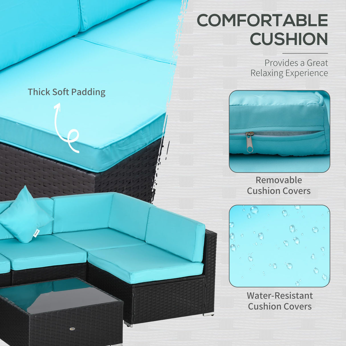 Outsunny 7-Piece Patio Furniture Sets Outdoor Wicker Conversation Sets All Weather PE Rattan Sectional Sofa Set with Cushions & Tempered Glass Desktop, Turquoise Outsunny