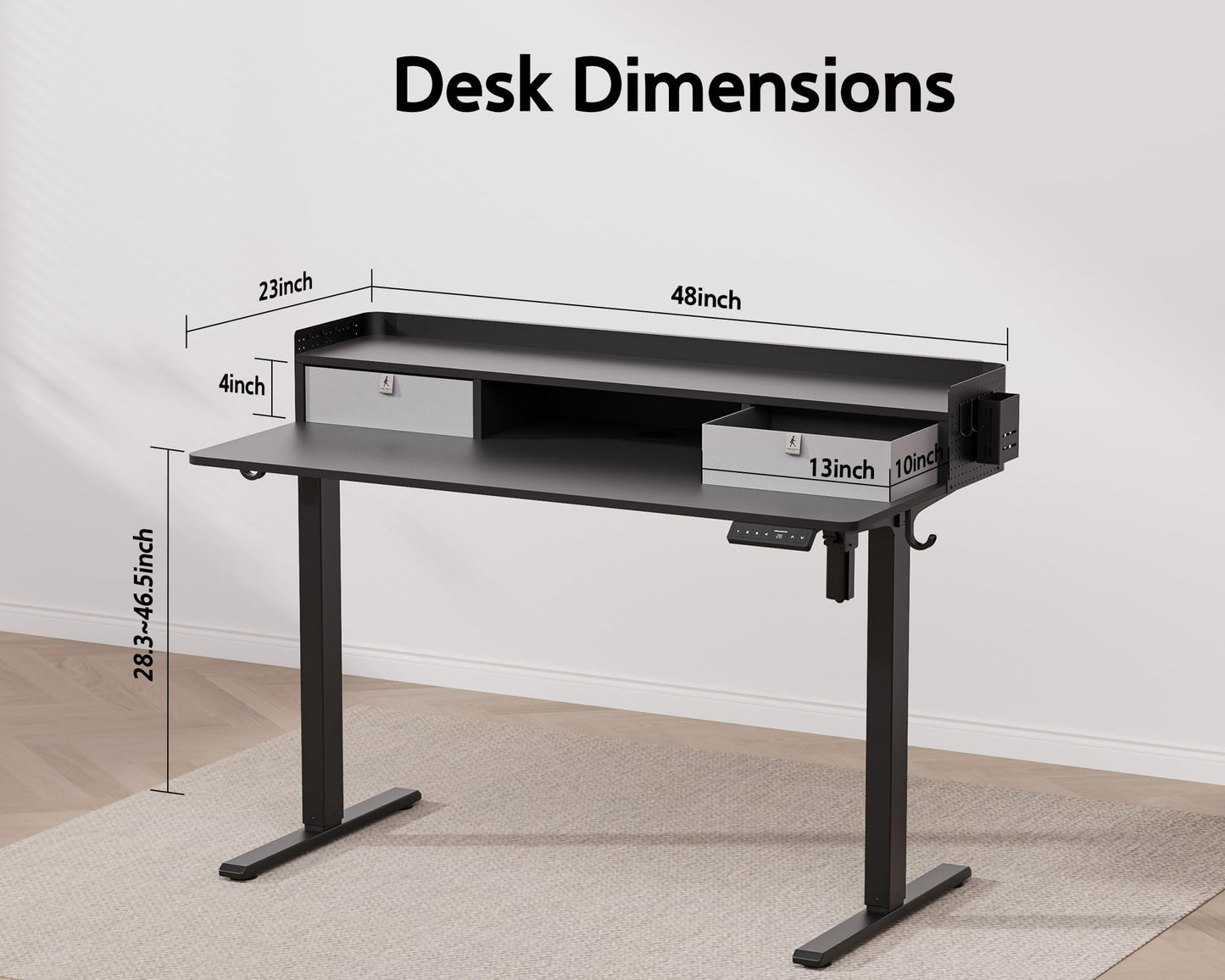 WALKINGDESK 48x24 Inches Electric Standing Desk with 2 Drawers, Height Adjustable Stand up Desk for Home Office, Inches Ergonomic Sit to Stand Desk with Storage Shelf, DIY Board, Hooks, Black