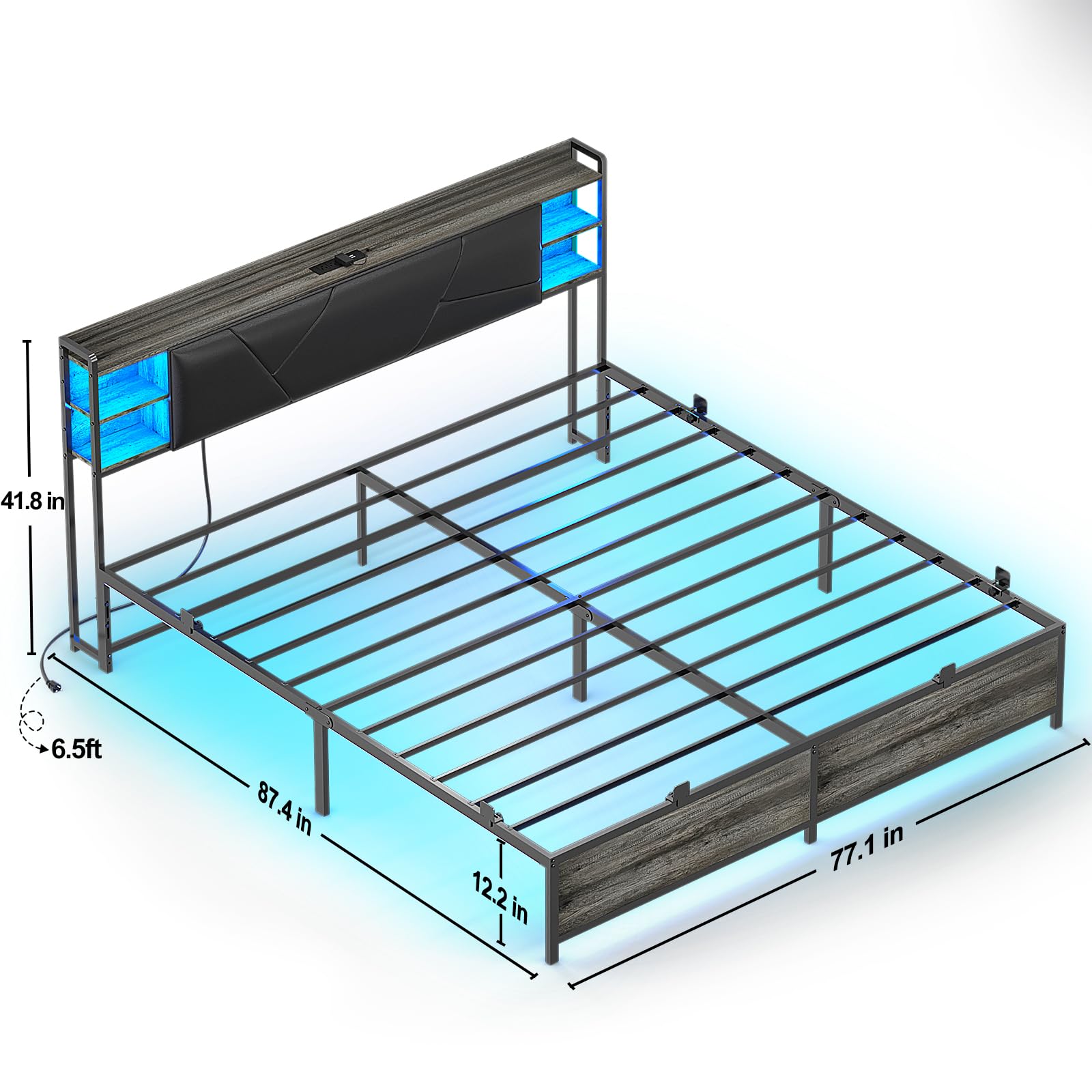 Unikito Grey Oak King Size Bed Frame with RGB LED Lights, USB Charging Ports, and Storage Headboard - WoodArtSupply