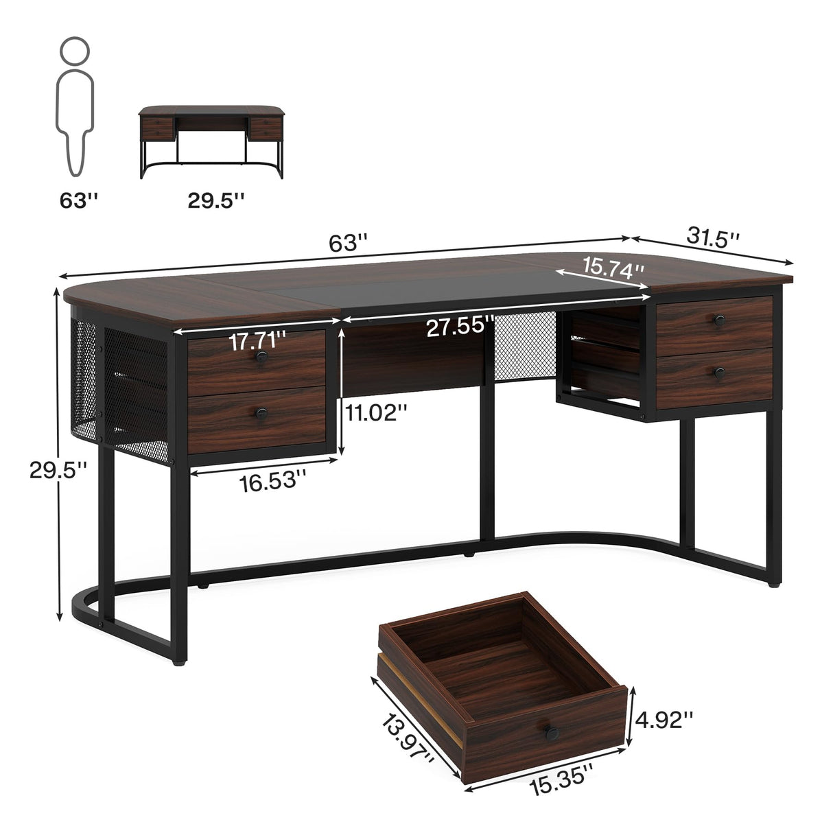 Tribesigns 63-Inch Executive Desk with 4 Drawers, Large Office Desk Computer Desk, Business Furniture Desk Workstation for Home Office, Dark Walnut Tribesigns