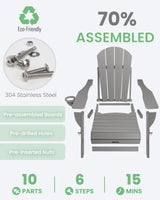 Ciokea Folding Adirondack Chair Wood Texture, Patio Chair Weather Resistant, Plastic Fire Pit Chair with Cup Holder, for Lawn Outdoor Porch Garden Backyard Deck (Grey) Ciokea