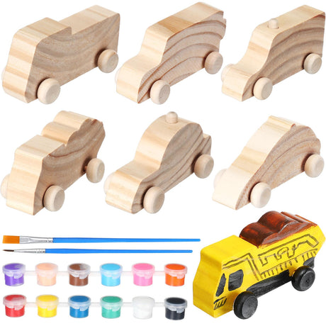 Lenwen 6 Pcs Large Unfinished Wooden Car to Paint 4'' Wood DIY Car Toys and 12 Color Acrylic Paint Set for Student Easy Woodworking Set Family Activities Arts and Crafts Kit Lenwen