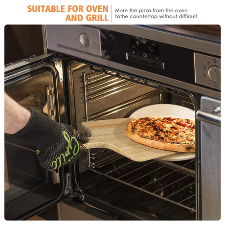 5 PCS Round Pizza Stone Set, 13" Pizza Stone for Oven and Grill with Pizza Peel(OAK),Serving Rack, Pizza Cutter & 10pcs Cooking Paper for Free, Baking Stone for Pizza, Bread Gyreuni