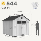 DWVO 8x10 FT Outdoor Storage Shed, 544 cuft Plastic Storage Shed with Floor & Lockable Door, All-Weather Tool Garden Shed with Window & Vent for Patio Furniture, Lawn Mower, Pool Supplies, Dark Gray DWVO