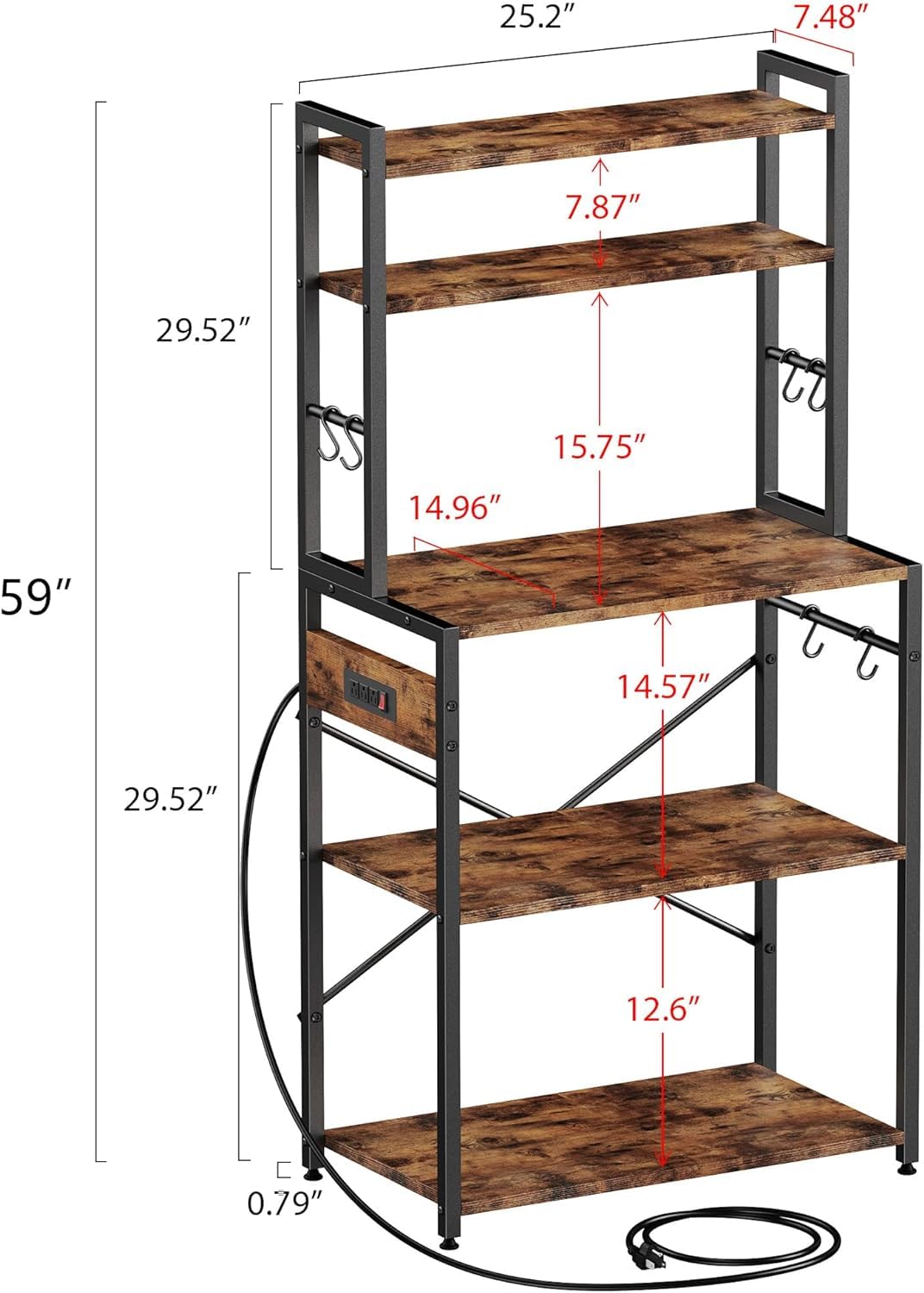 Amosic Kitchen Bakers Rack with Power Outlet, 5 Tiers Coffee Bar Table, Kitchen Microwave Stand with 6 S-shaped Hooks, Kitchen Storage Shelf Rack for Spices, Pots, Rustic Brown Amosic