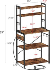 Amosic Kitchen Bakers Rack with Power Outlet, 5 Tiers Coffee Bar Table, Kitchen Microwave Stand with 6 S-shaped Hooks, Kitchen Storage Shelf Rack for Spices, Pots, Rustic Brown Amosic