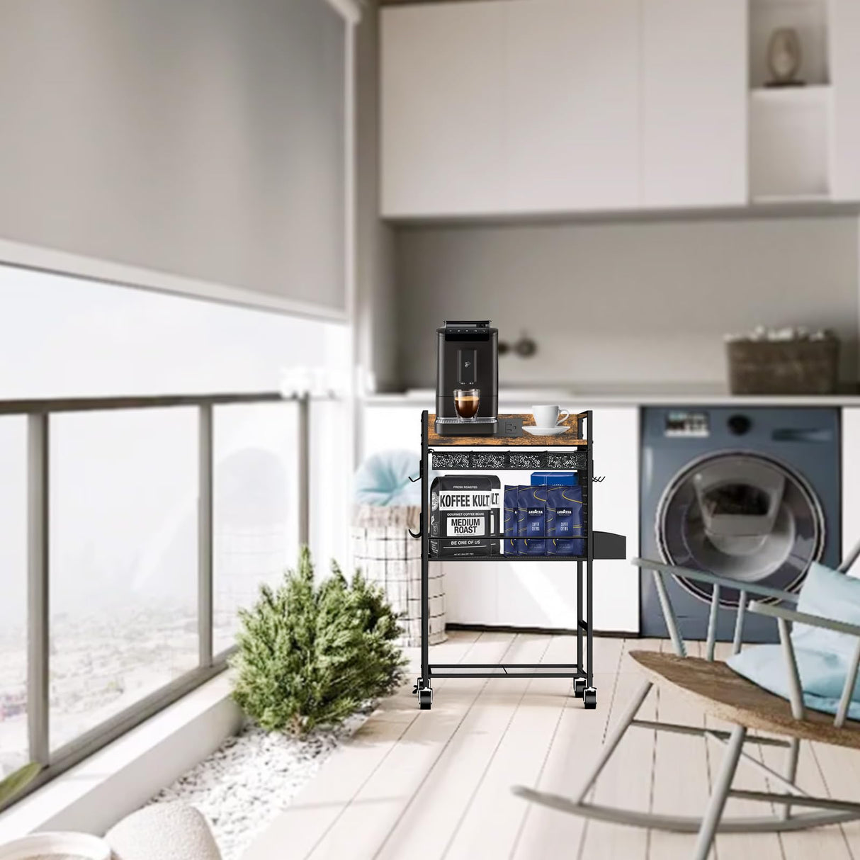 Kwynsa Coffee Bar Cabinet with Power Outlet, Coffee car with Lockable Wheels,Coffee Pod Holder,for Office,Living Room and Small Space,(Rustic Brown) Kwynsa